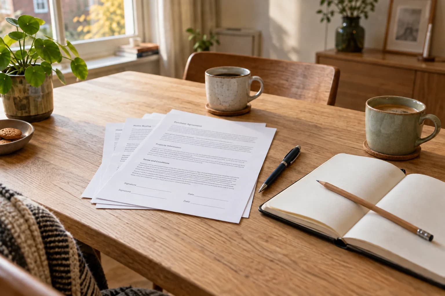 AI-gegenereerde illustratie van een stapel documenten, pen, notitieboek en koffie op een houten keukentafel